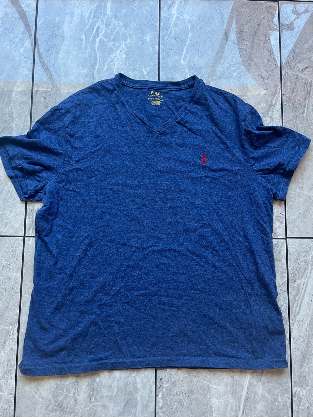 Polo Ralph Lauren Mens V-Neck T-Shirt Blue Heather Red Pony Logo Cotton Large